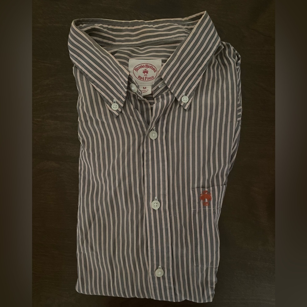 Brooks Brothers Red Fleece Gray Striped Button Down Shirt Medium